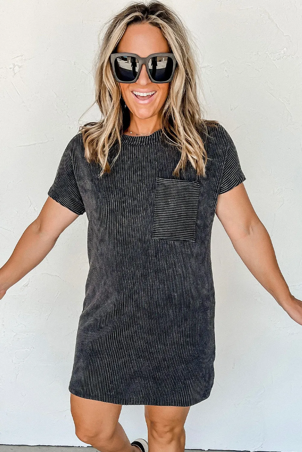 Grey Ribbed Short Sleeve Chest Pocket Casual T Shirt Dress