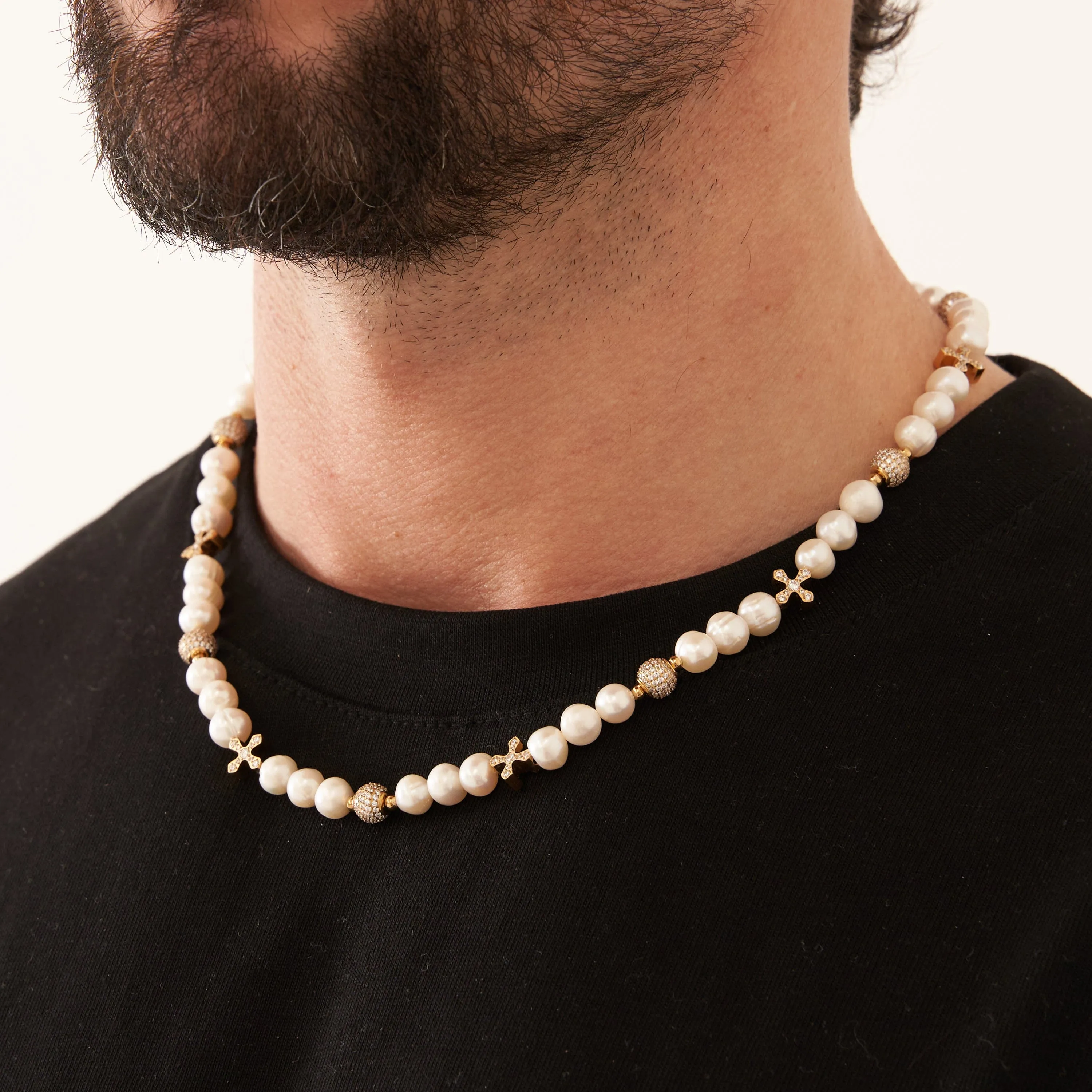 Iced Cross Real Pearl Necklace (Gold)