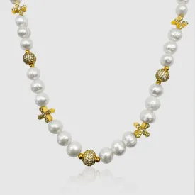 Iced Cross Real Pearl Necklace (Gold)