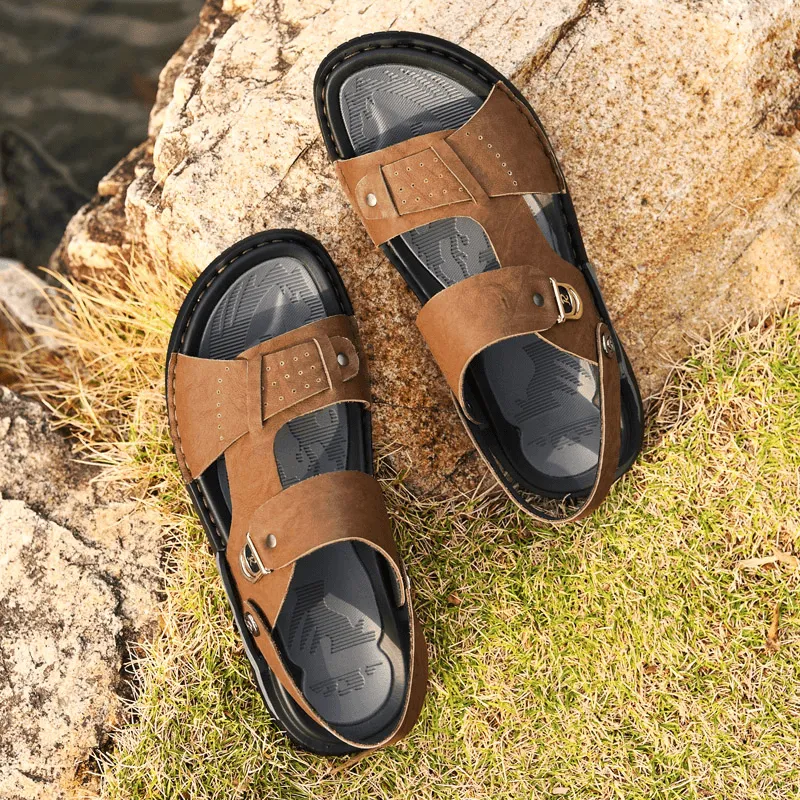 kkboxly kkboxly Men Microfiber Leather Two-Ways Breathable Soft Non-Slip Casual Outdoor Sandals
