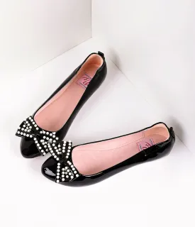Retro Style Black Patent Leather Pearl Bow Ballet Flats