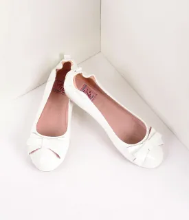 Vintage Style White Patent Leatherette Bow Ballet Flats