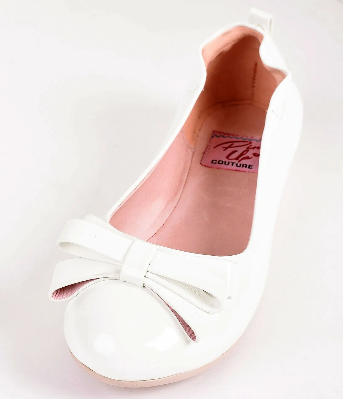 Vintage Style White Patent Leatherette Bow Ballet Flats