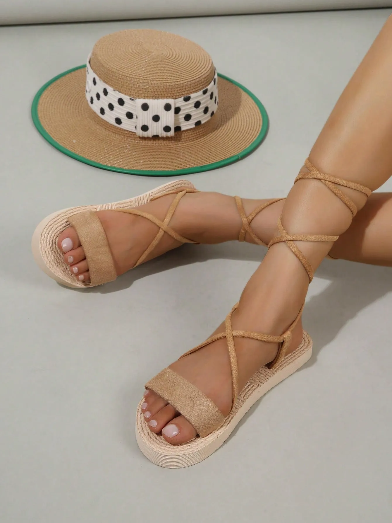 Women's Flat Sandals, Suede Textured Straps With Woven Sole Decoration, Vacation Style, Casual And Simple, Black Satin Finish, Crossed Straps With Tie Knot, Open Toe, Strap With Knot