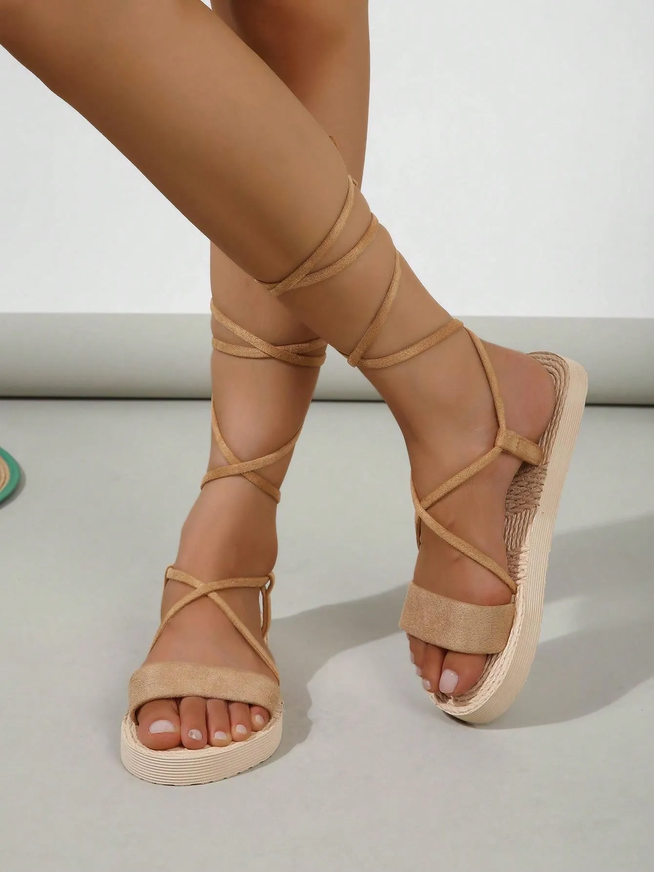 Women's Flat Sandals, Suede Textured Straps With Woven Sole Decoration, Vacation Style, Casual And Simple, Black Satin Finish, Crossed Straps With Tie Knot, Open Toe, Strap With Knot