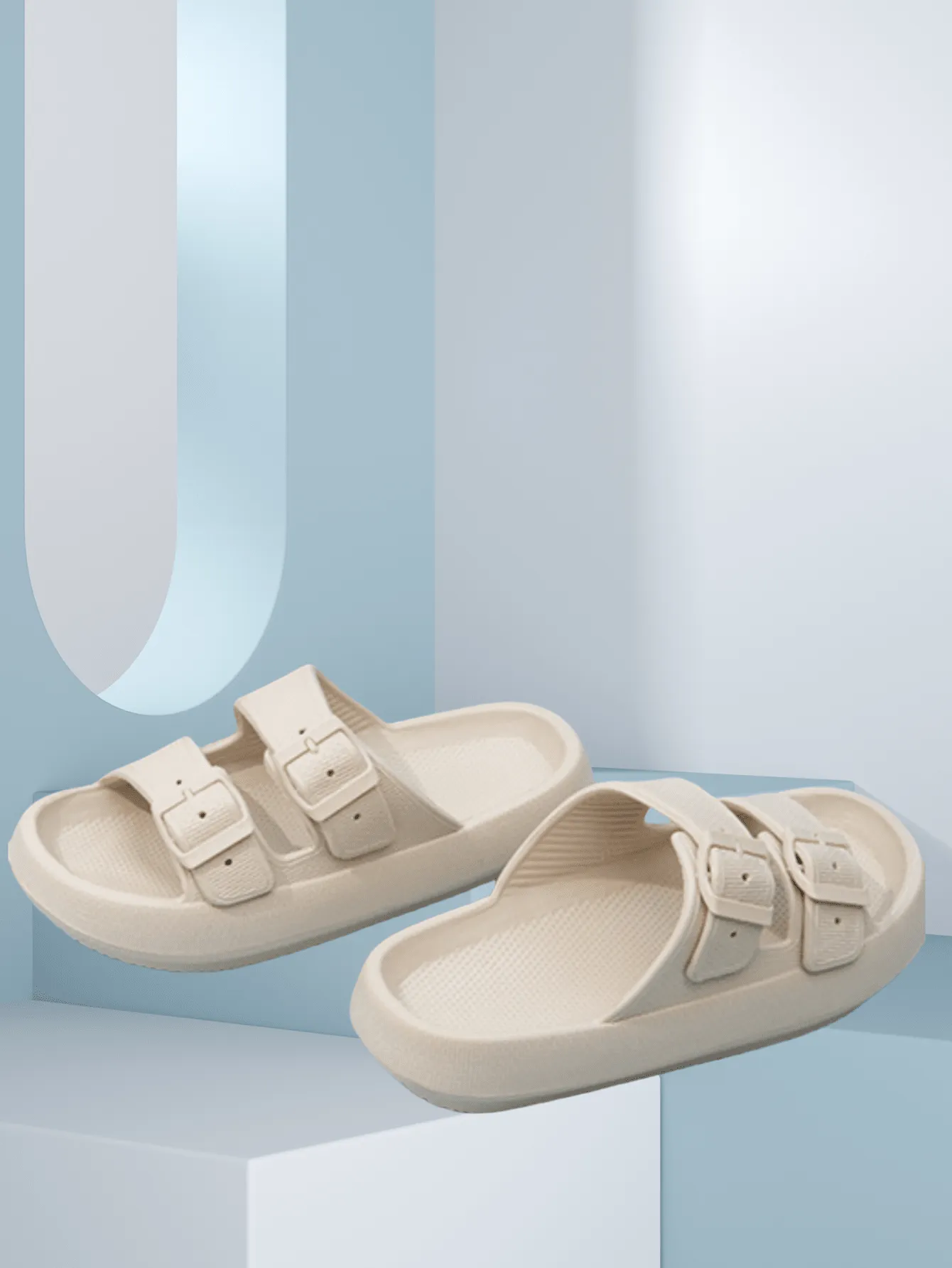 Women's Summer Flat Sandals With Double Buckle Straps, Unisex Flip Flops, Outdoor Non-Slip Toe-Exposed Beach Slippers, Indoor Bathroom Anti-Slip Slipper