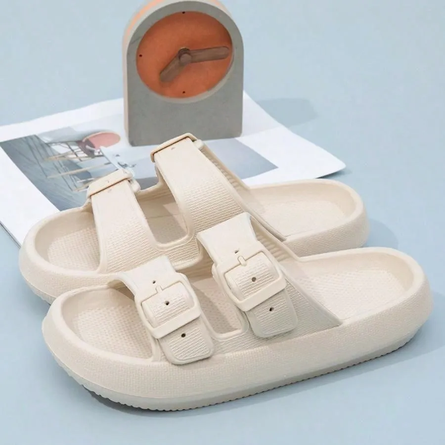 Women's Summer Flat Sandals With Double Buckle Straps, Unisex Flip Flops, Outdoor Non-Slip Toe-Exposed Beach Slippers, Indoor Bathroom Anti-Slip Slipper